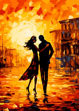Romantic Couple in Cityscape Painting