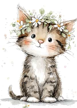 Cute Kitten with Flower Crown Watercolor