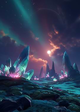 Crystal Landscape with Aurora Sky