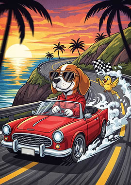 Dog driving convertible