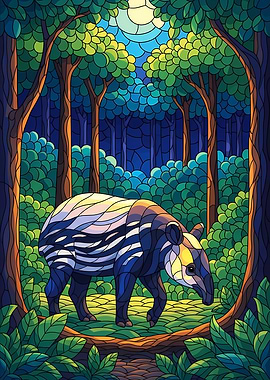Tapir in Forest Stained Glass Style