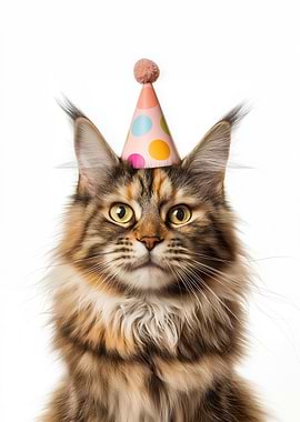 Maine Coon Cat with Birthday Hat