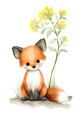 Watercolor Fox with Yellow Flowers