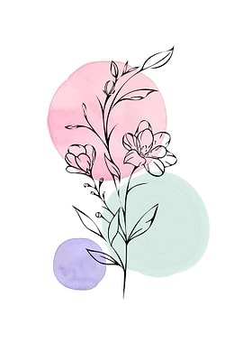 Floral Line Art with Watercolor Circles