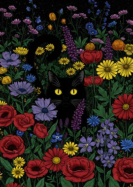 Black Cat in a Flower Garden