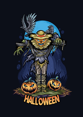 Halloween Scarecrow with Pumpkins and Crows