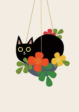 Black Cat in Hanging Flower Pot