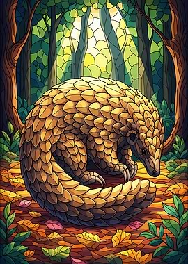 Pangolin in Forest Stained Glass Style