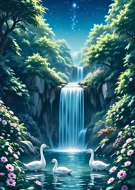 Serene Waterfall with Swans