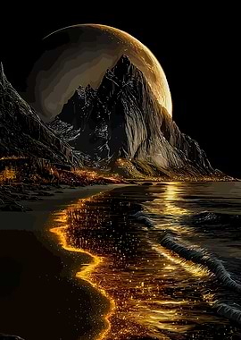 Golden Moonlit Mountain Beach Landscape