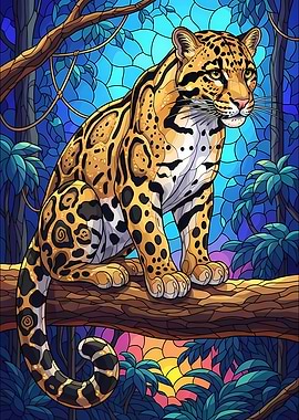 Clouded Leopard in Jungle Stained Glass