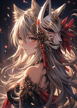 Anime Samurai Girl with Kitsune Mask