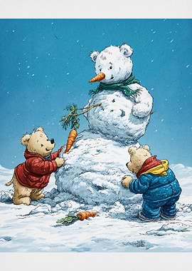 Teddy Bears Building a Snowman