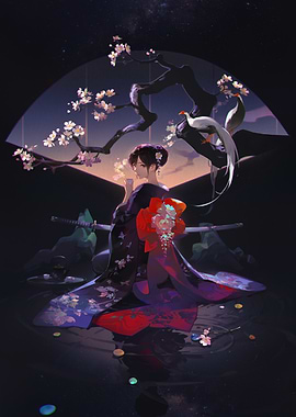 Kimono Girl with Cherry Blossoms