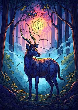 Stained Glass Deer in Forest