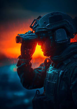 Soldier with Binoculars at Sunset