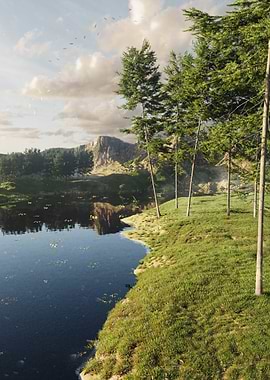 Serene Lakeside Landscape with Mountain Backdrop