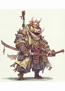 Anthropomorphic Pig Samurai Warrior Illustration