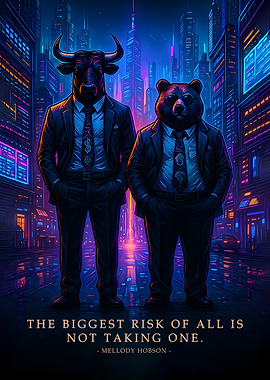 Bull and Bear in Cityscape with quote
