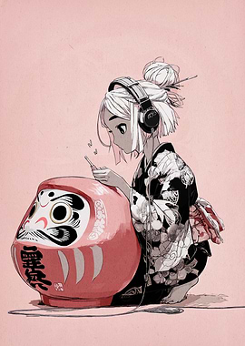 Girl with Daruma Doll and Headphones