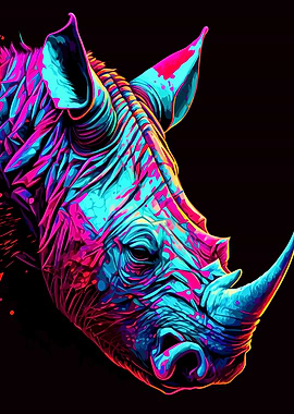 Colorful Rhino Portrait on Black Background