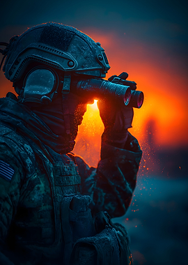 Soldier with Binoculars at Sunset