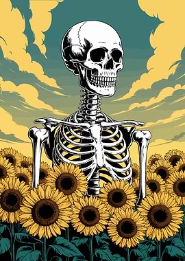 Skeleton in Sunflower Field Illustration