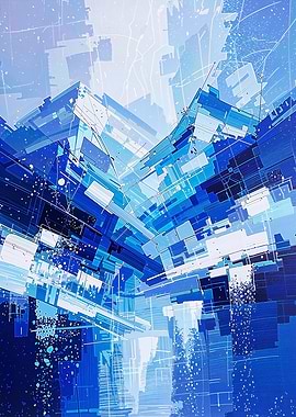 Crystalline Blue Mountain Fragments - Abstract Geometric Landscape