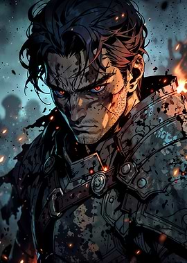 Scarred Crimson Warrior with Glowing Red Eyes