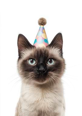 Siamese Cat with Party Hat