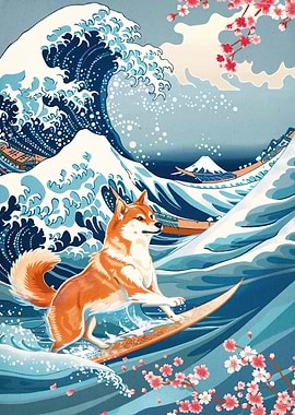 Shiba Surfing Great Wave