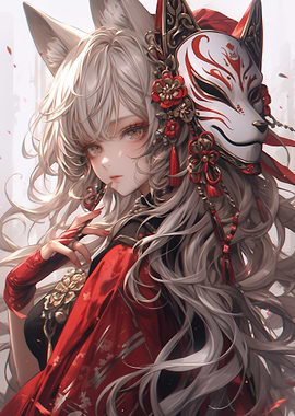 Anime Samurai Girl with Kitsune Mask