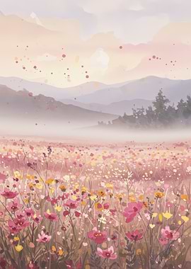 Watercolor Flower Field Landscape Painting