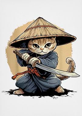 Samurai Cat with Katana and Hat