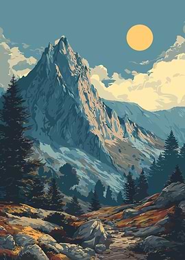 Mountain Landscape with Trees and Sun