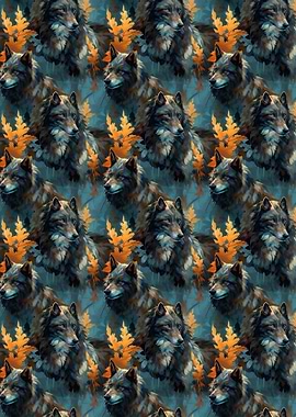 Wolf and Autumn Leaves Pattern