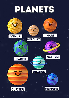 Cartoon Planets with Faces in Space