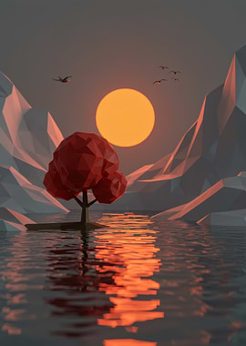 Low Poly Sunset Landscape with Tree