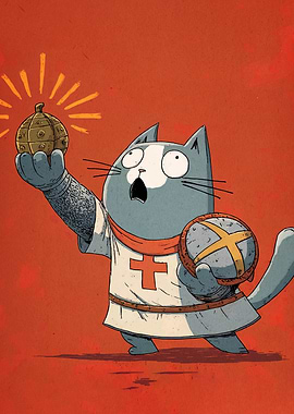 Cartoon Cat Knight with Holy Hand Grenade