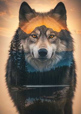 Wolf and Landscape Double Exposure