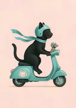 Cat and Mouse on Vespa – Cute Scooter Animal Friends