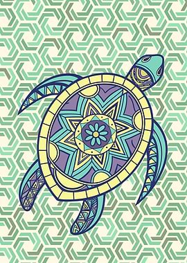 Decorative Turtle with Geometric Background
