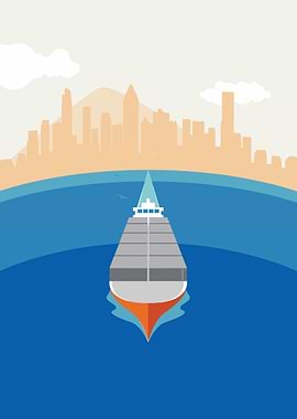 Cargo Ship in Front of Cityscape