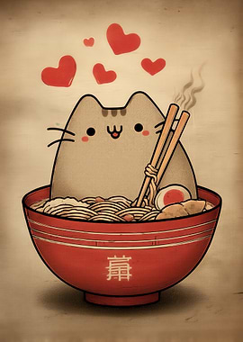 Cute Cat in Ramen Bowl