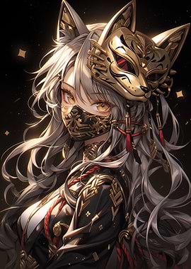 Anime Samurai Girl with Fox Mask