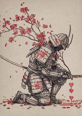 Samurai with Cherry Blossoms and Hearts