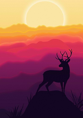 Deer Silhouette Sunset Landscape