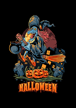 Halloween Witch Flying Over Graveyard