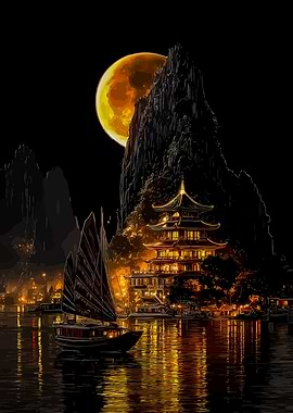 Nighttime Asian Landscape with Temple and Boat