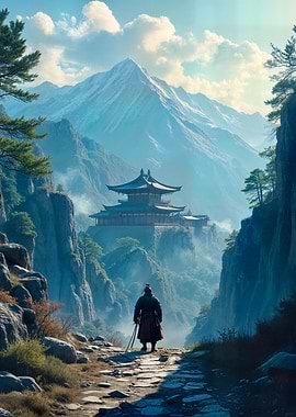 Asian Temple and Warrior in Mountains